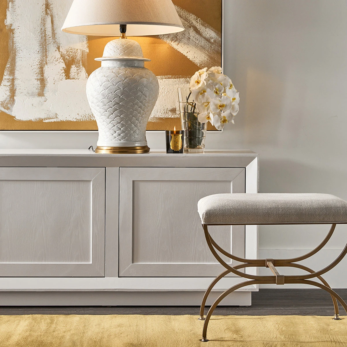 Novak Antique Gold Iron Stool - Natural Linen - Image 2